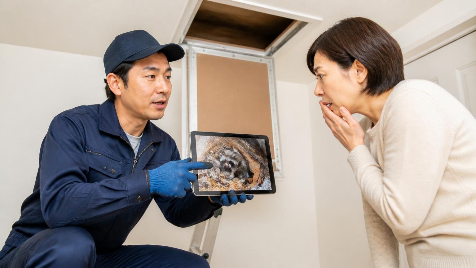 現地調査で害獣の種類がわかる、天井裏の点検口の前で作業員1人が住人1人に写真を見せて話す