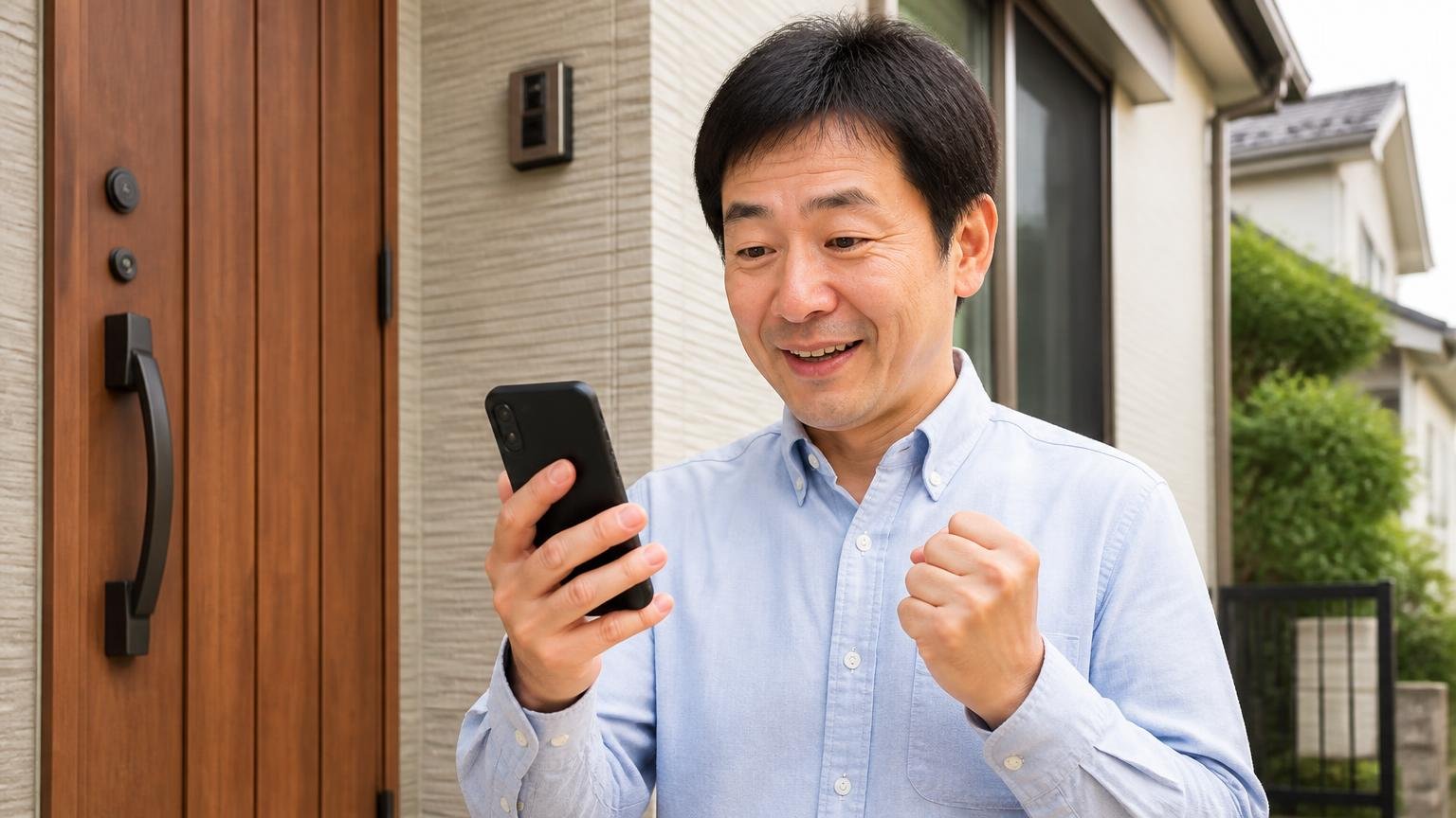 断熱材の被害を見てもらう相談先 戸建ての玄関前 住人1人がスマホで無料相談を申し込み安心した表情
