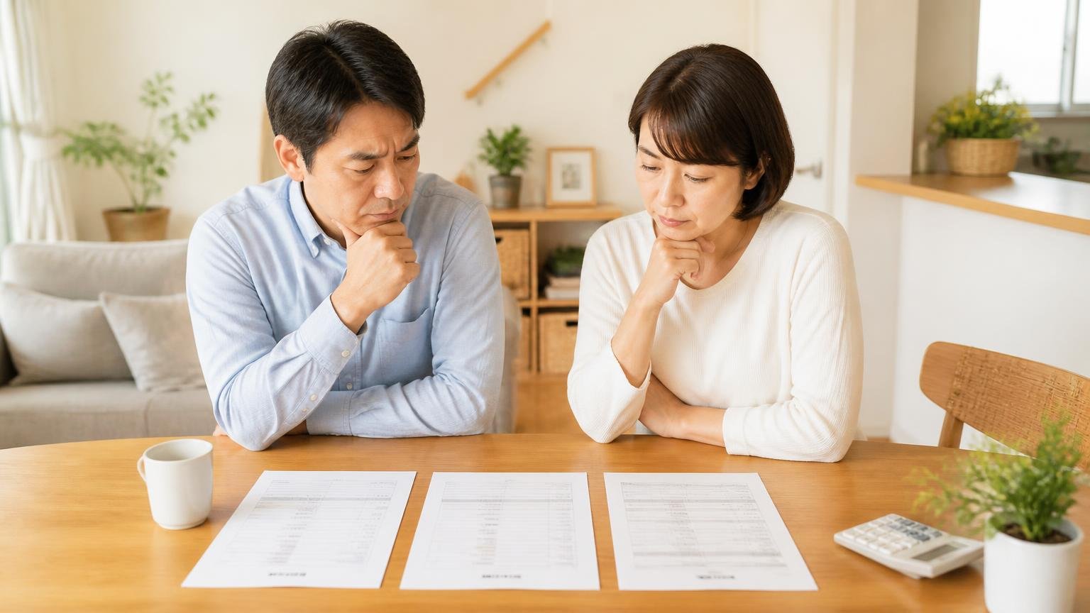 1社だけで決めない理由は物差し。ダイニングで夫婦2人が3枚の見積書を並べて見比べる