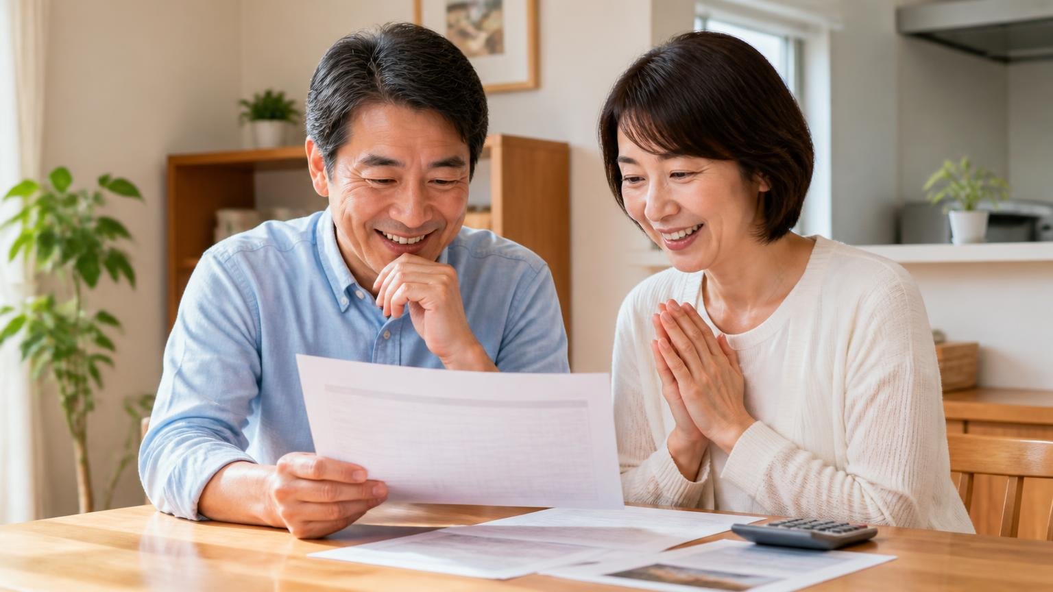 費用の桁を知って安心する場面。ダイニングで見積書を広げる50代夫婦の表情がふっとやわらぐ