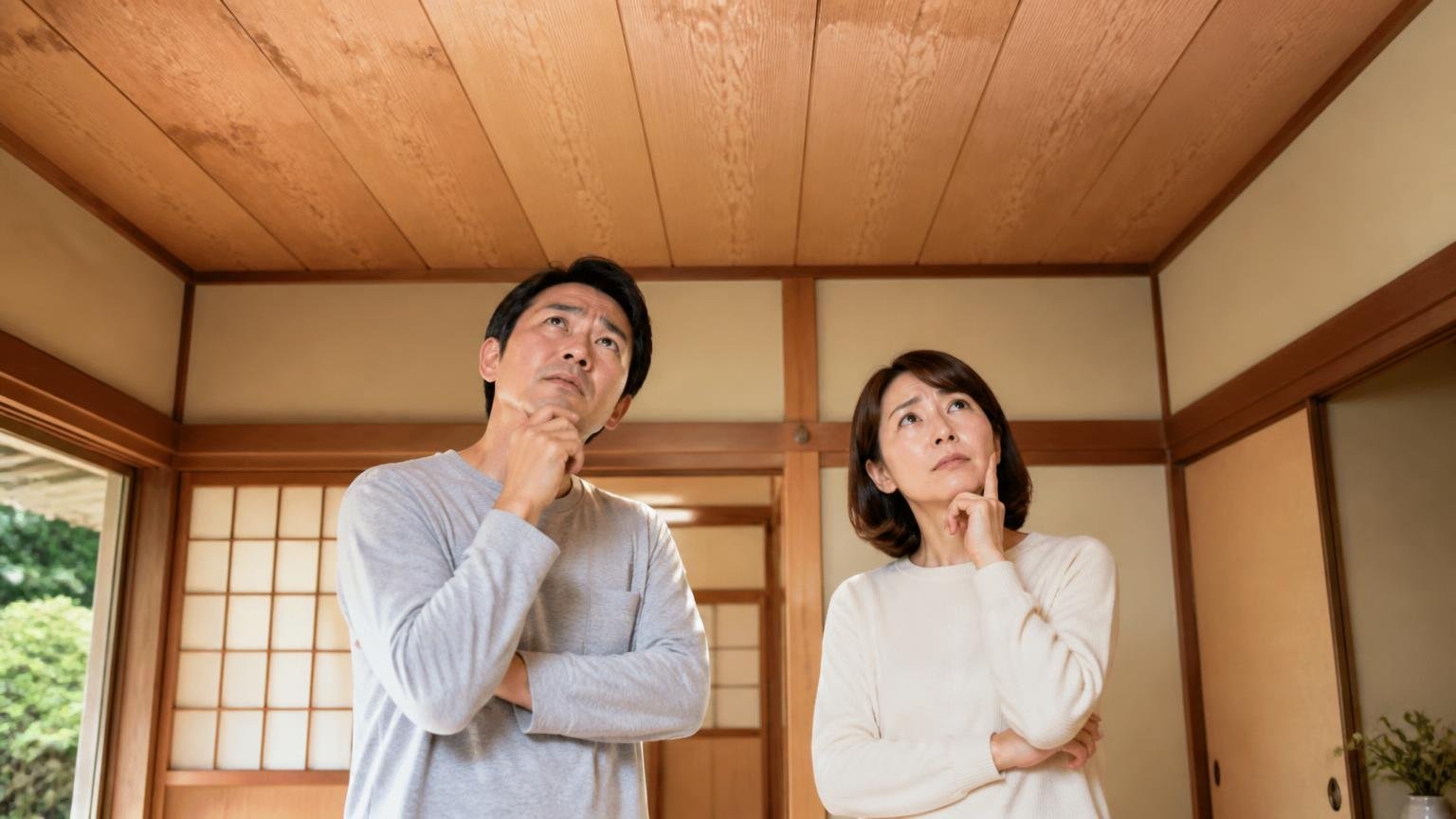どちらか分からない人が一番多い 木造戸建ての和室で天井を見上げ判断がつかず立ち尽くす40代男女