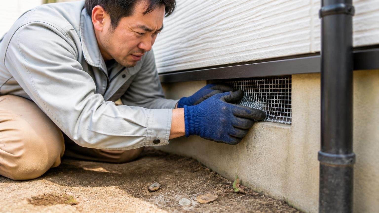 侵入口をふさぐ作業 家の外壁まわりで点検する作業員1人が金網を隙間に力を込めて詰め込む