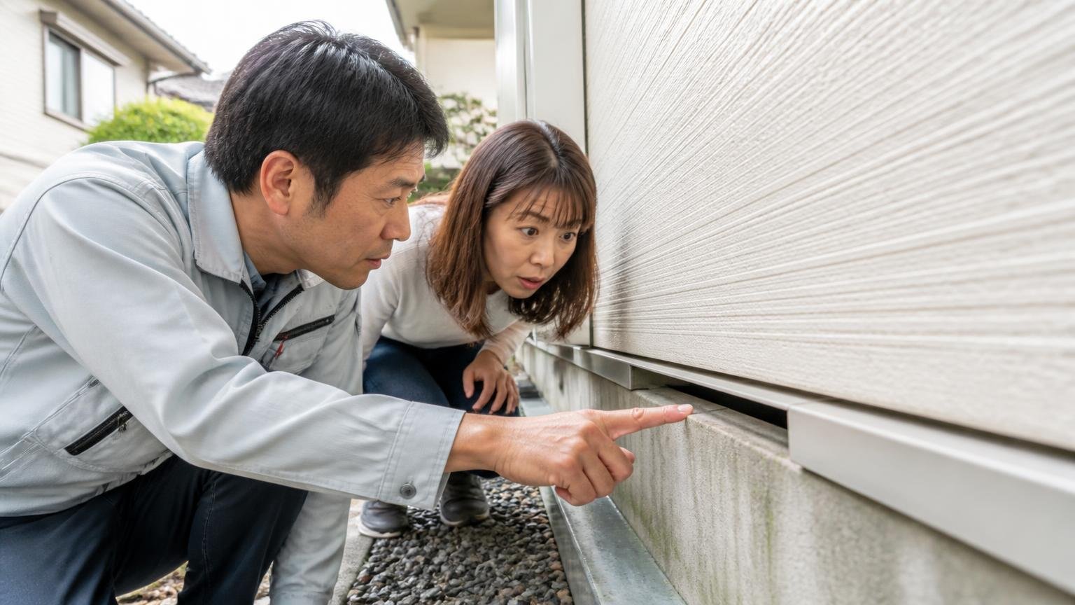 業者に切り替えた人の口コミ 木造戸建ての外壁まわりで点検 作業員1人と住人1人 見落とした隙間を一緒にのぞき込む