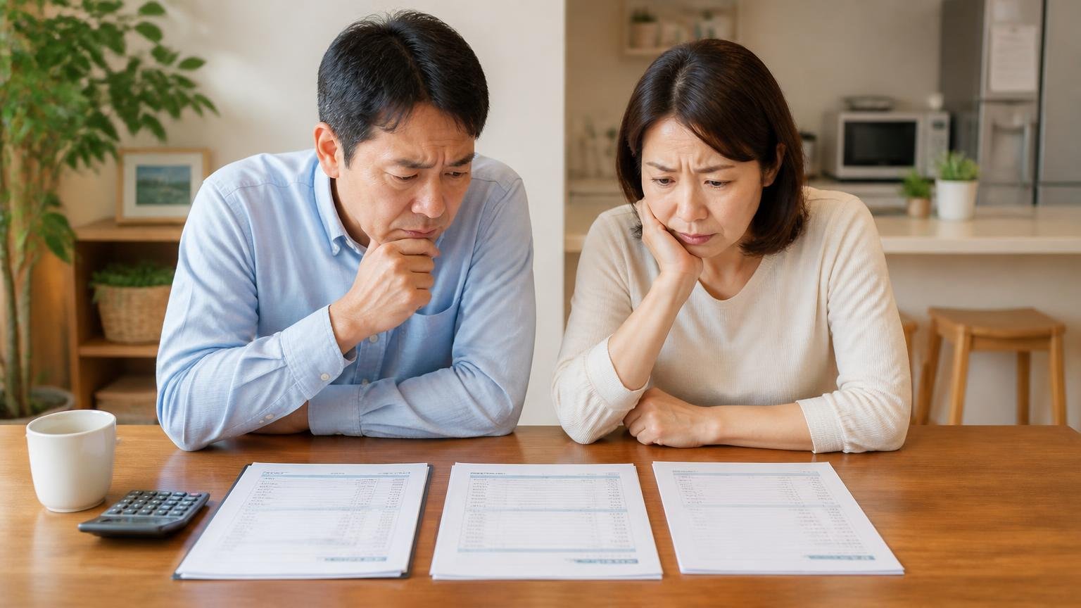 複数見積もりで比較する。住宅のダイニングテーブルに3社の見積書を並べて見比べる40代夫婦