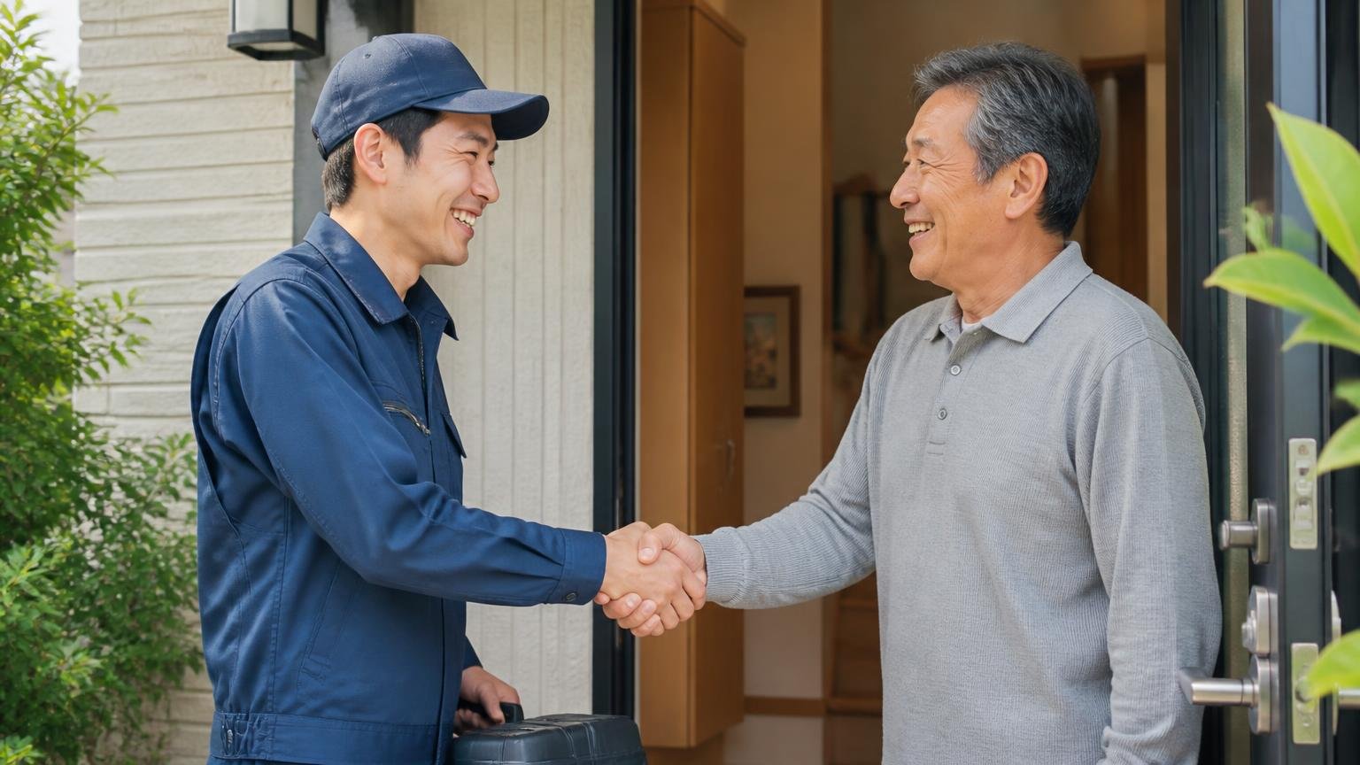 屋根裏のすき間まで見てもらえる害獣駆除業者。玄関前で作業員1人と住人1人が握手し安心の笑顔