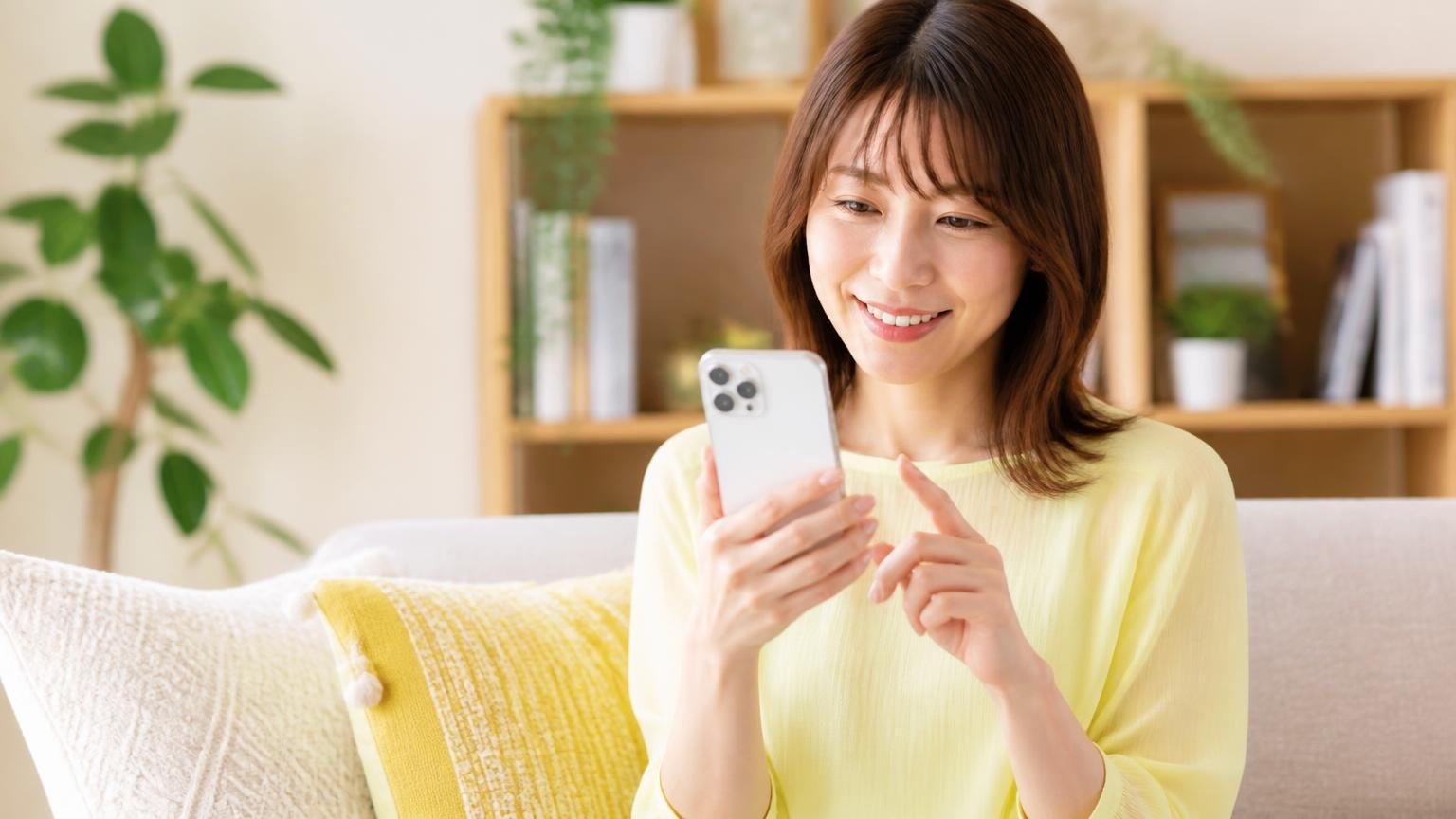 相見積もりの1社目に入れたい害獣駆除業者3選、リビングでスマホを操作、問い合わせる女性1人、前向きな表情