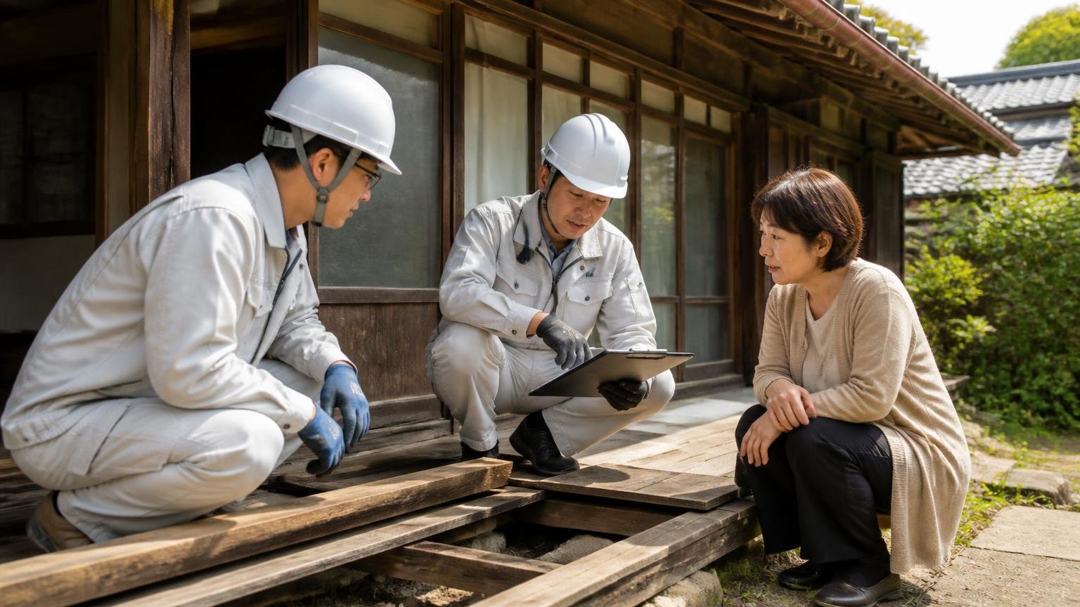 古民家の床下と小屋裏を無料で見てもらえる相談先。古民家の前で作業員2人と住人1人が調査の打ち合わせをする