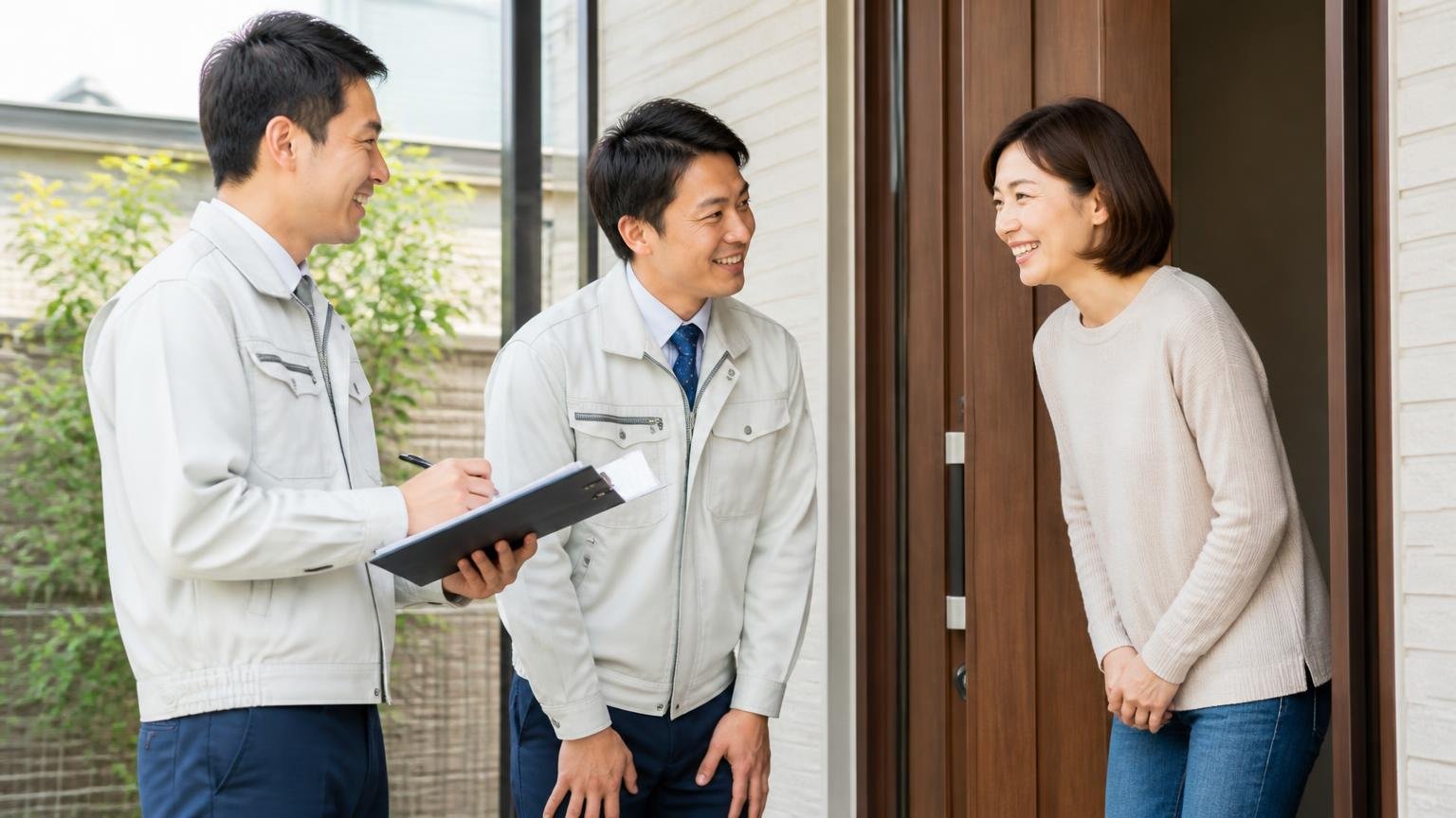無料の現地調査で正体を確かめる|住宅の玄関前で作業員2人と住人1人が笑顔で挨拶