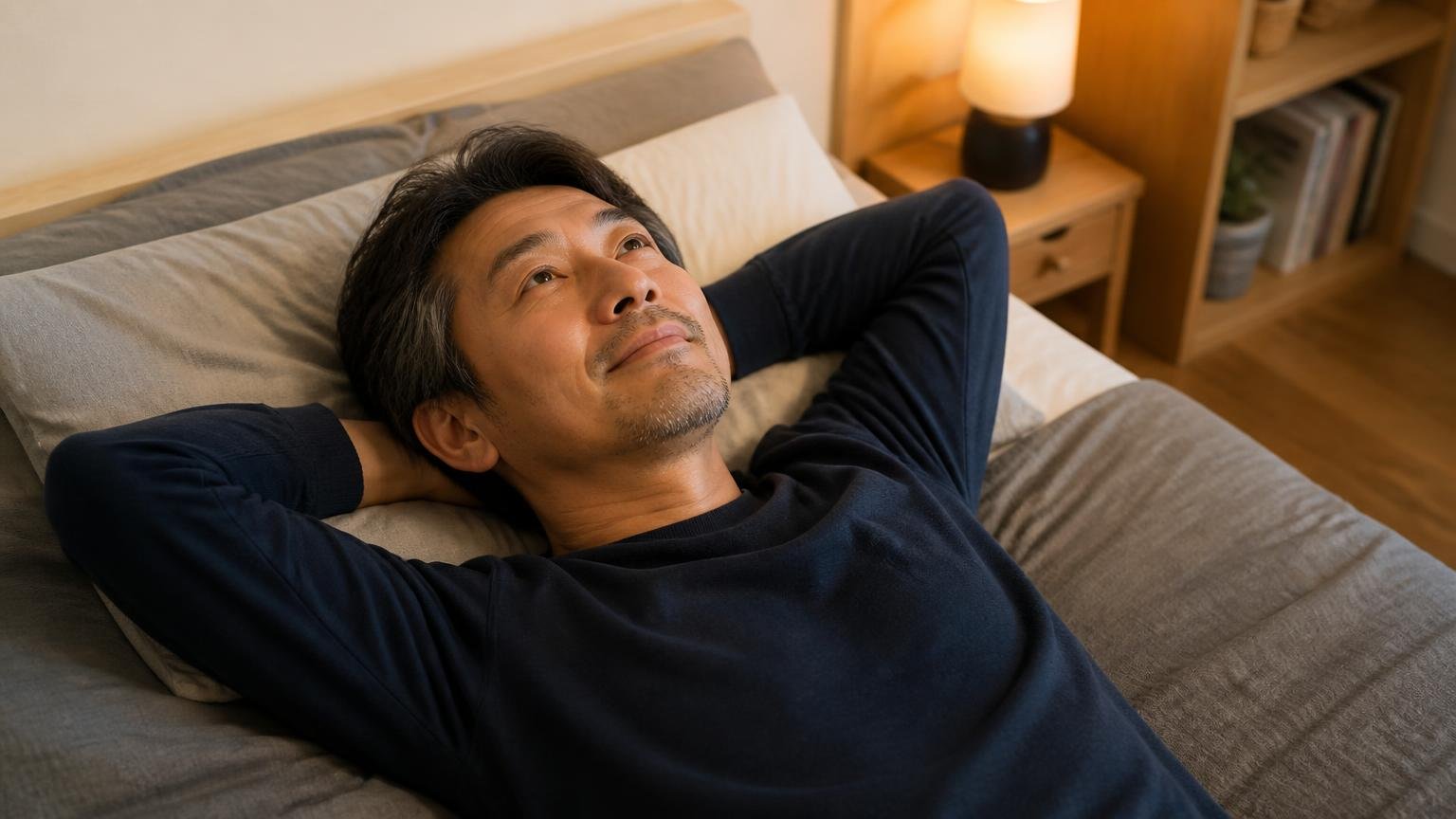 今夜の不安を明日の見積もりに変えるために 木造戸建ての寝室で天井を見上げて息をつく 40代男性1人 穏やかな表情で肩の力が抜ける