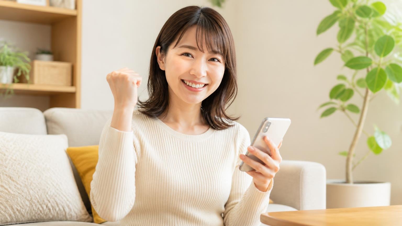 相見積もりの1社目に入れておきたい無料調査の窓口 リビング 女性1人 スマホを手に前向きな表情