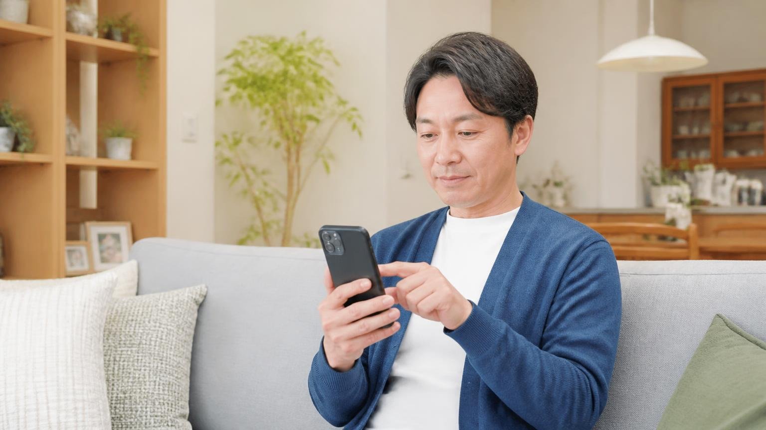 無料相談の申し込み 自宅のリビングでスマホから業者に相談する住人1人 落ち着いた表情