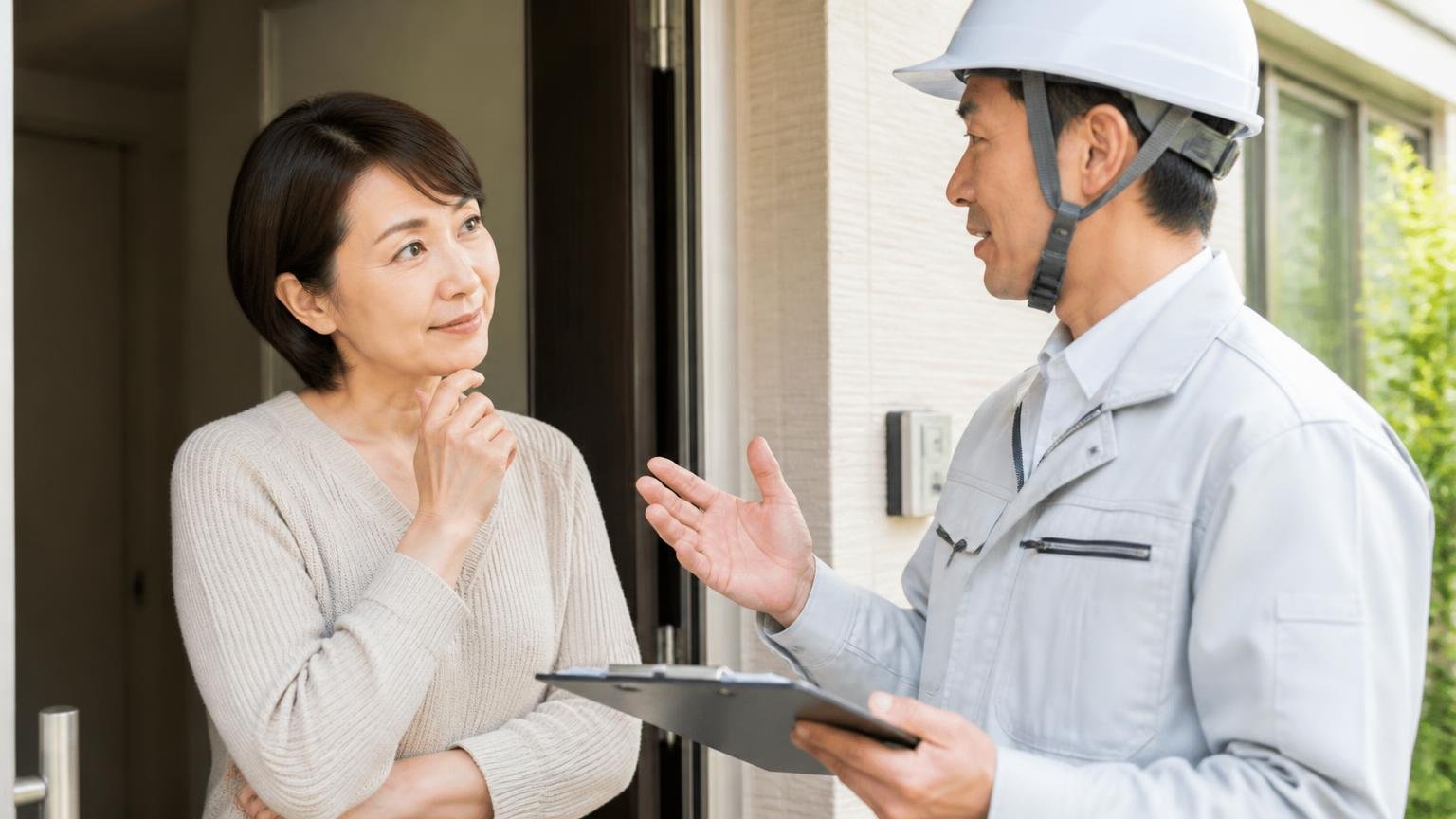 良い業者を見分ける2つの条件。玄関先で作業員の説明を聞きながら深くうなずく40代女性が安心する