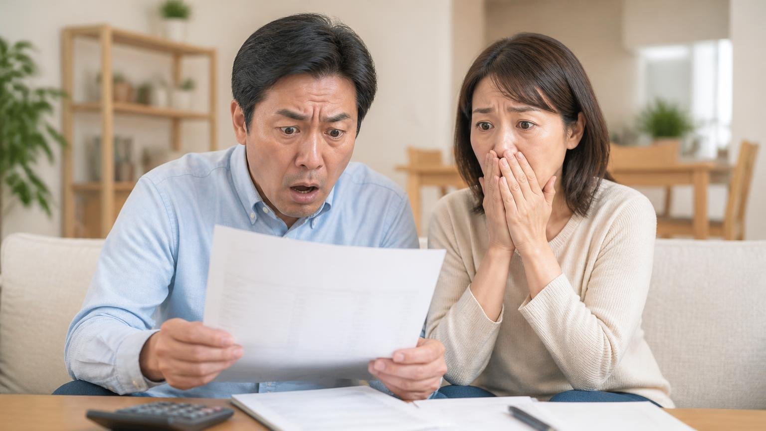 業者は高いという警戒は正しい 住宅のリビングで見積書を手に固まる50代男性と隣で口を押さえる女性
