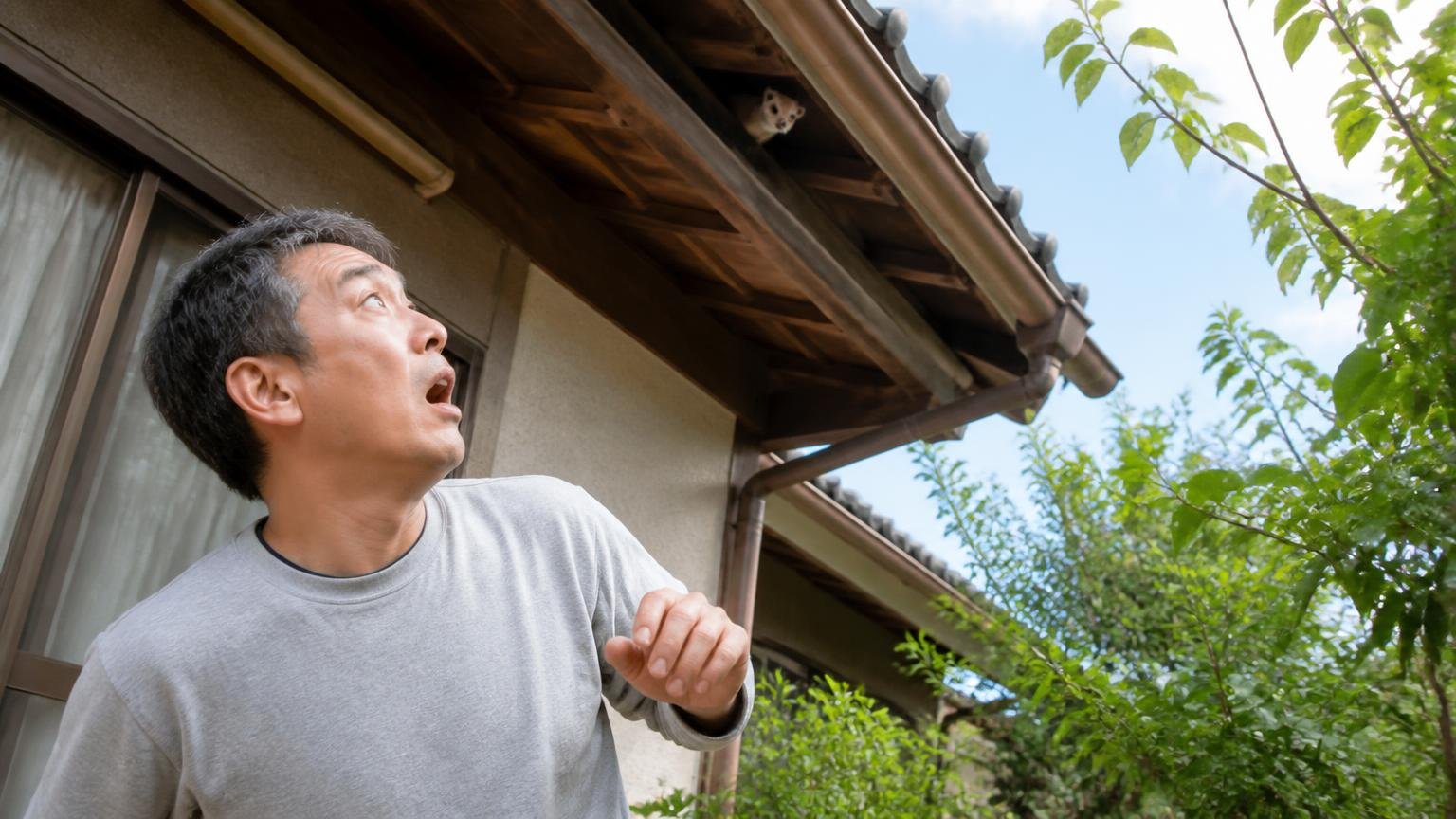 イタチには毒餌が効かない 木造戸建ての屋根の軒下を見上げる庭 住人1人 天井の物音に驚いて見上げる