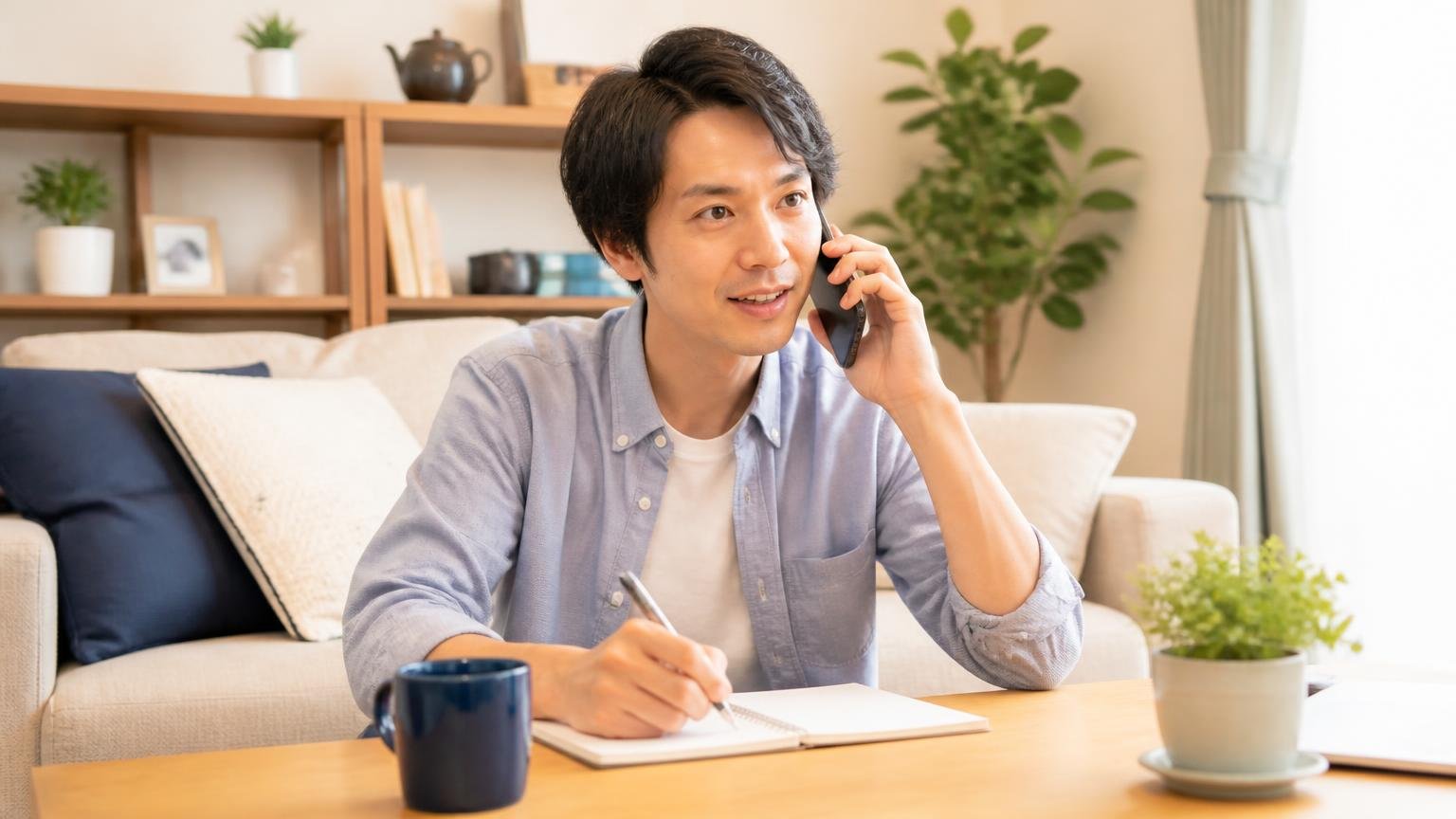 今日10分でできる最初の一歩 リビングでメモを取りながらスマホで相談する住人1名 前向きな表情