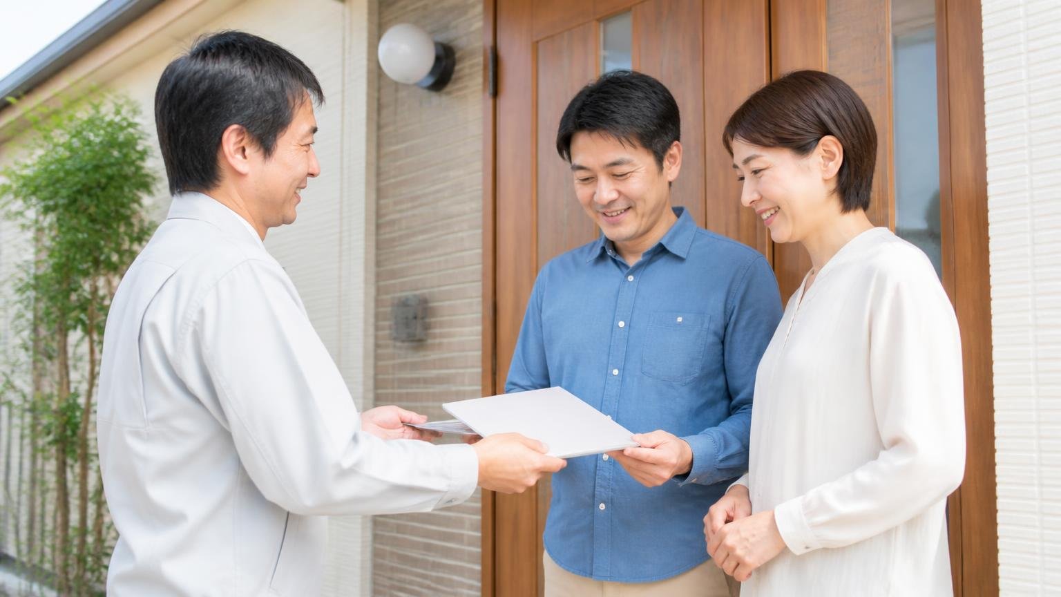 まずは無料の現地調査から。木造戸建ての玄関前で見積書を受け取る住人夫婦2人が穏やかな笑顔