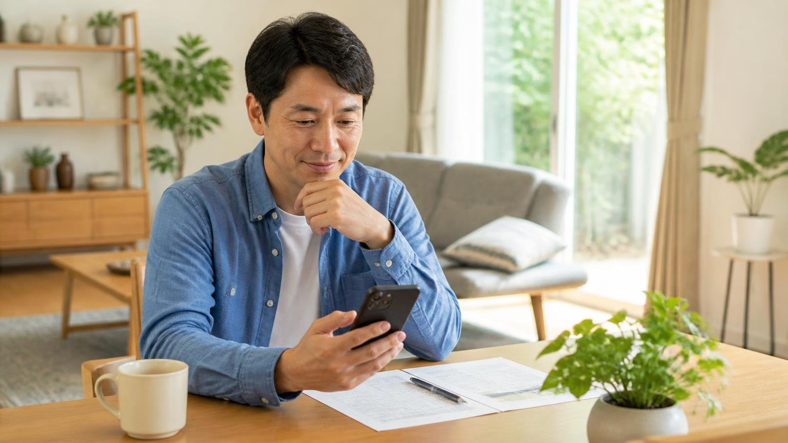 まずは無料見積もりでいまの被害と金額を確かめる 住宅のリビングで打ち合わせする場所で 住人1人が スマホを手に穏やかな表情