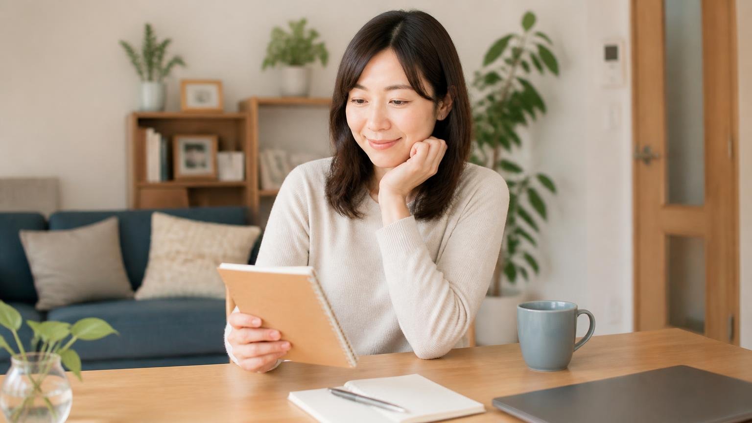 この記事で分かったことの整理。リビングのテーブルでメモを見返し表情がやわらぐ30代女性1人