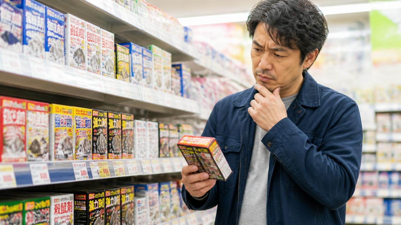 有効成分の違う毒エサに切り替える/ドラッグストアの棚前で男性1人が別の商品を手に取り考え込む
