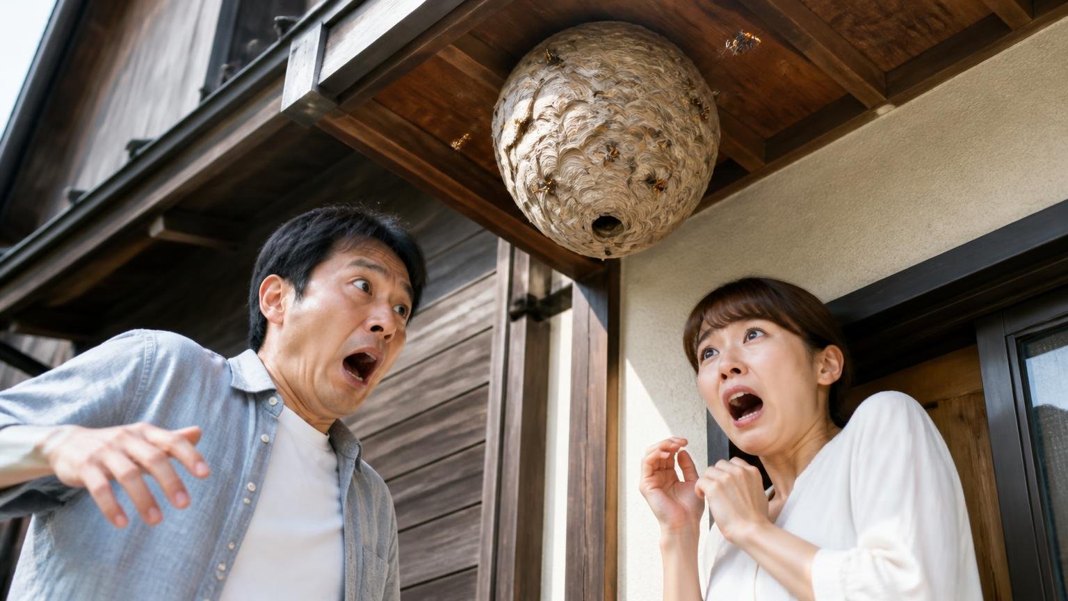 ネズミ以外だった場合の違い。木造戸建ての軒下を見上げる玄関前で男女2人が驚いた表情