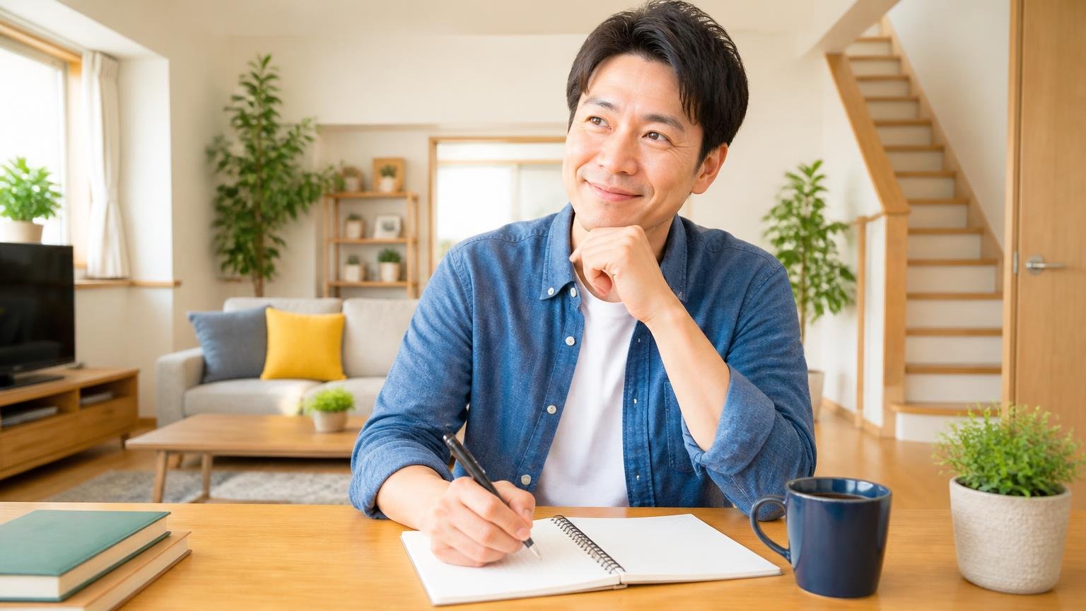 今日から動くための4ステップ 木造戸建てのリビング メモを書く住人1人 前向きな表情