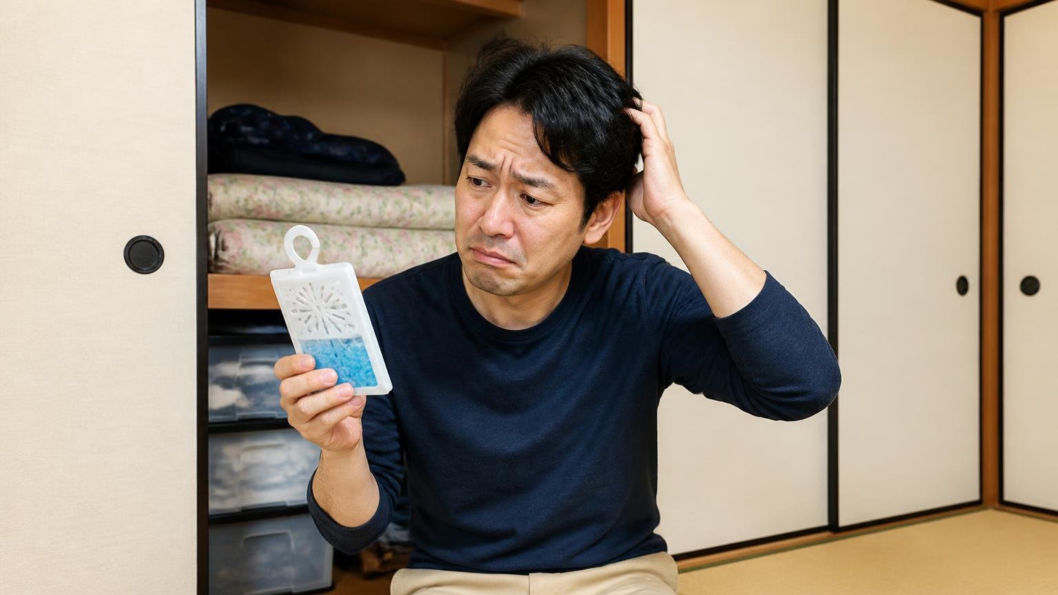 市販グッズの限界 和室の押し入れ前で男性1人が忌避剤を手に困った表情