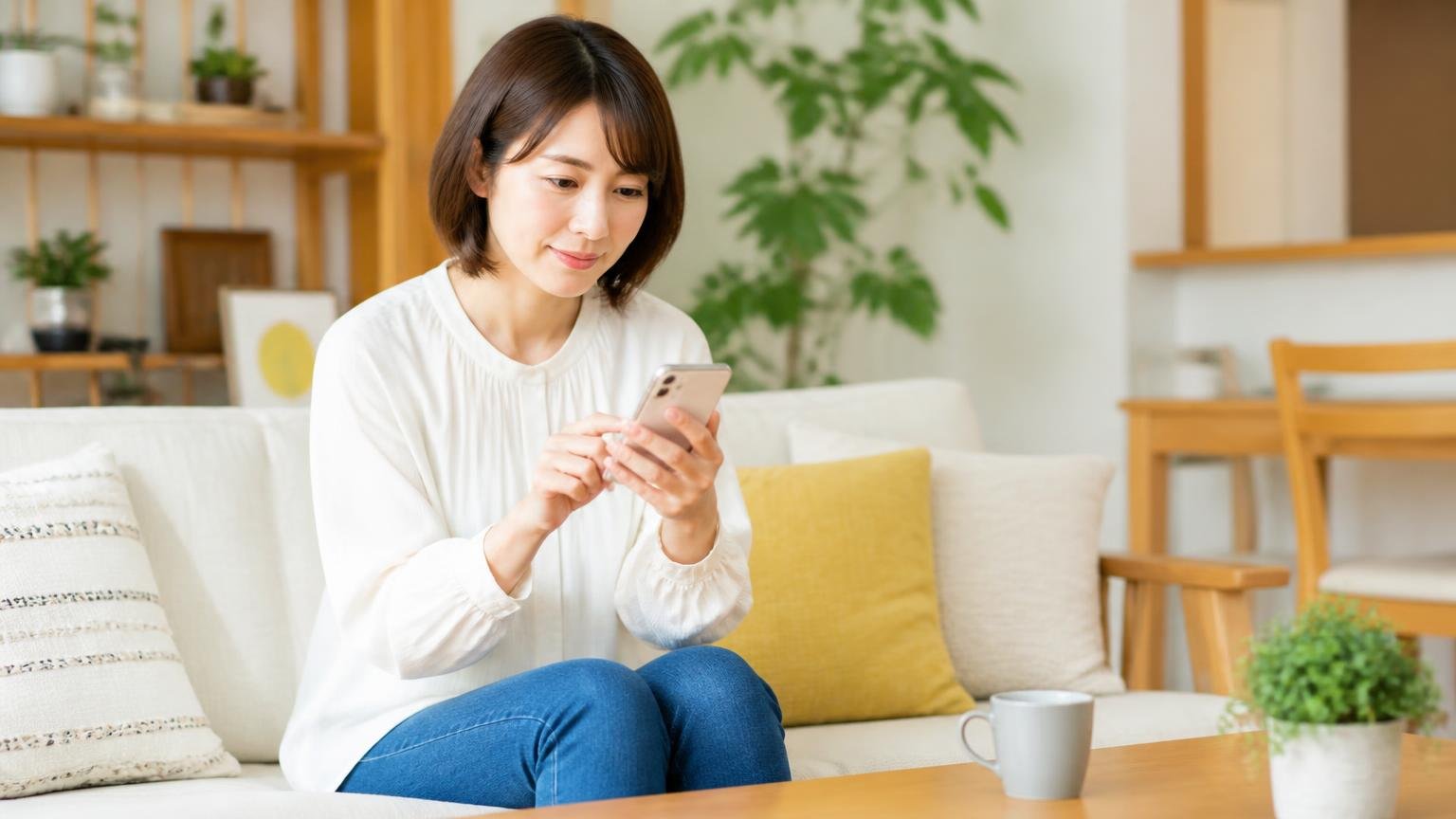 今日のうちにやっておくといいこと|住宅のリビングでスマホから問い合わせをする落ち着いた表情の女性1人