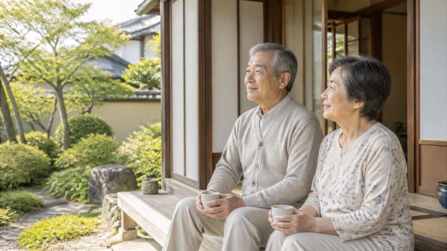 この記事の結論をもう一度。古民家の縁側で年配の夫婦2人が穏やかな表情で庭を眺める朝の場面