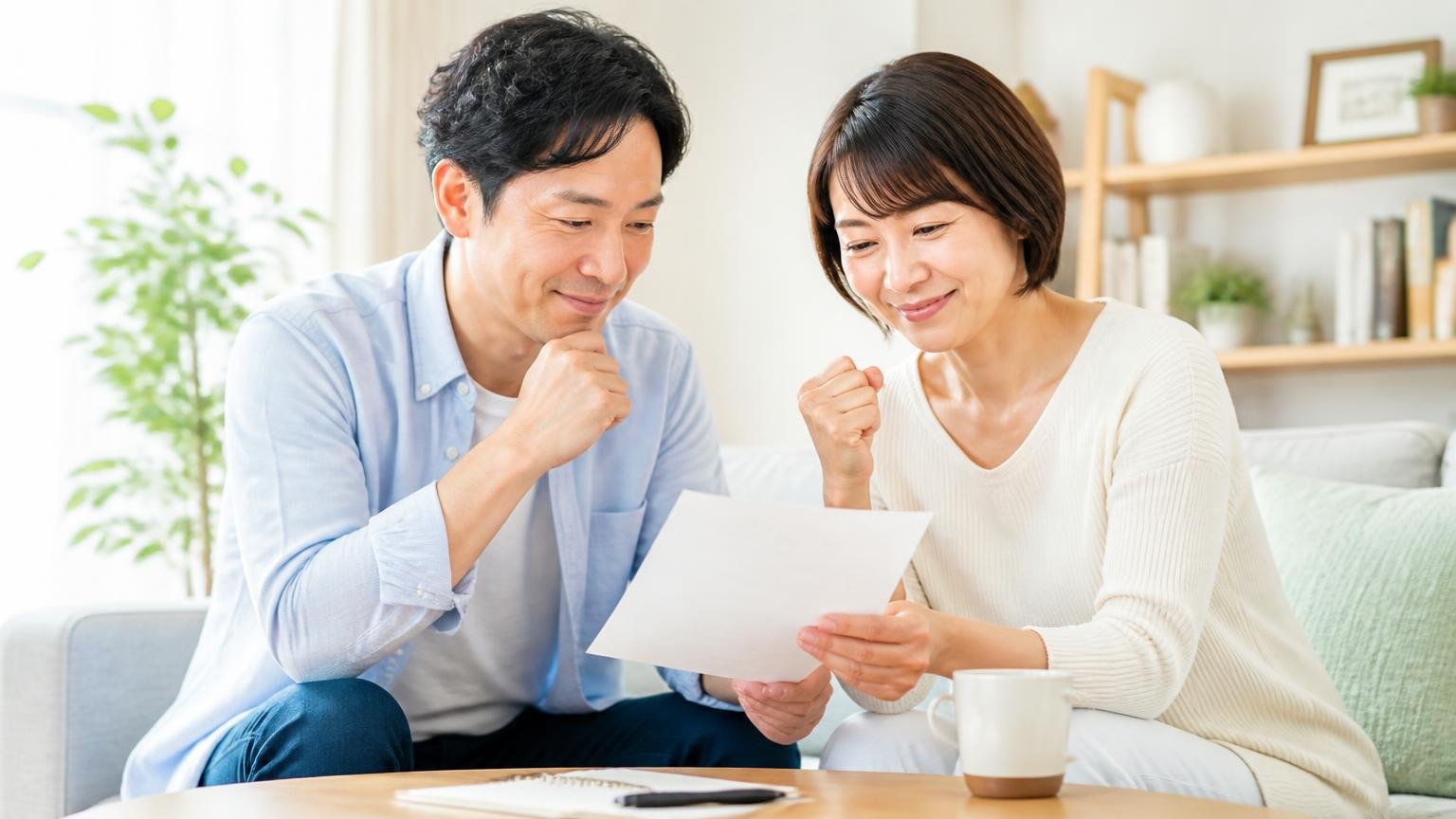 記事の結論をもう一度整理、朝の明るいリビングで男女2人がメモを見ながら納得してうなずく