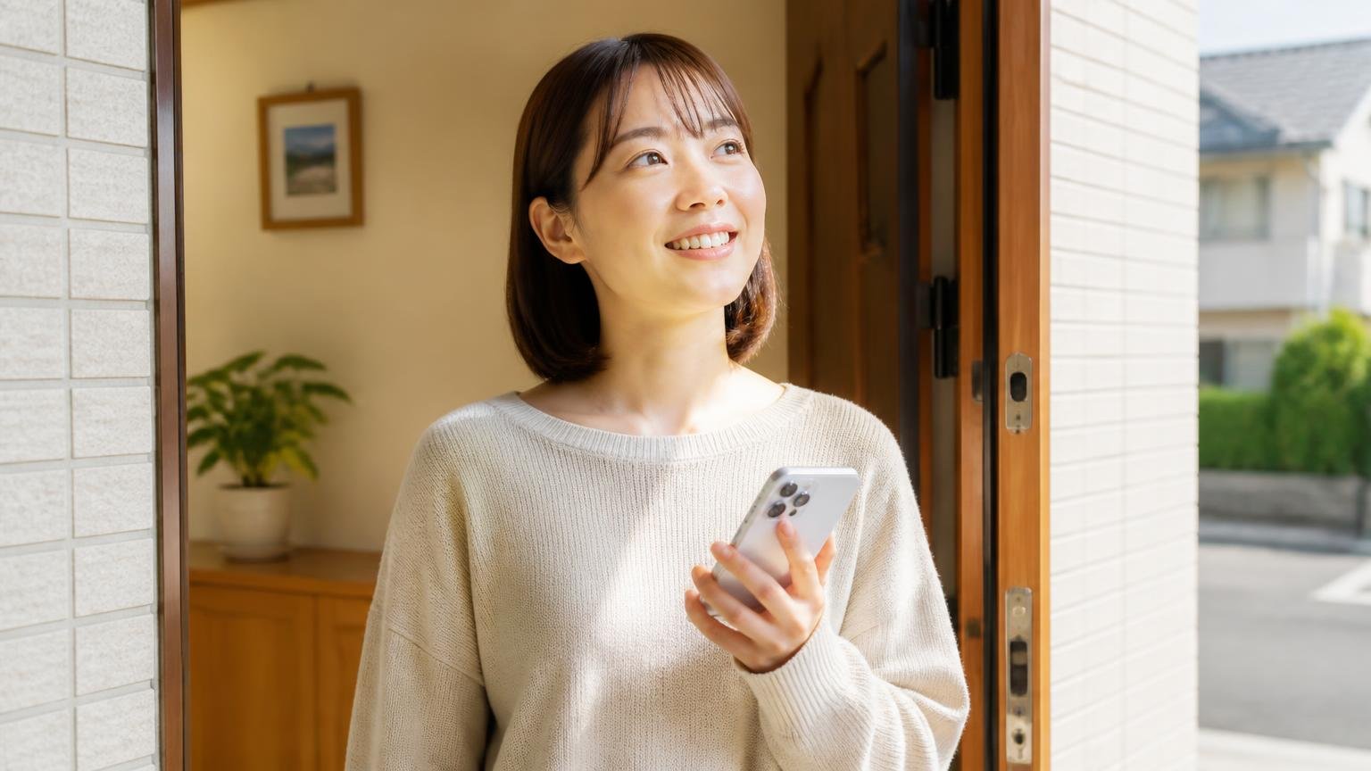 天井裏の音の正体を無料で確かめる。玄関で女性1人がスマホを手に安心した表情で外を見る場面