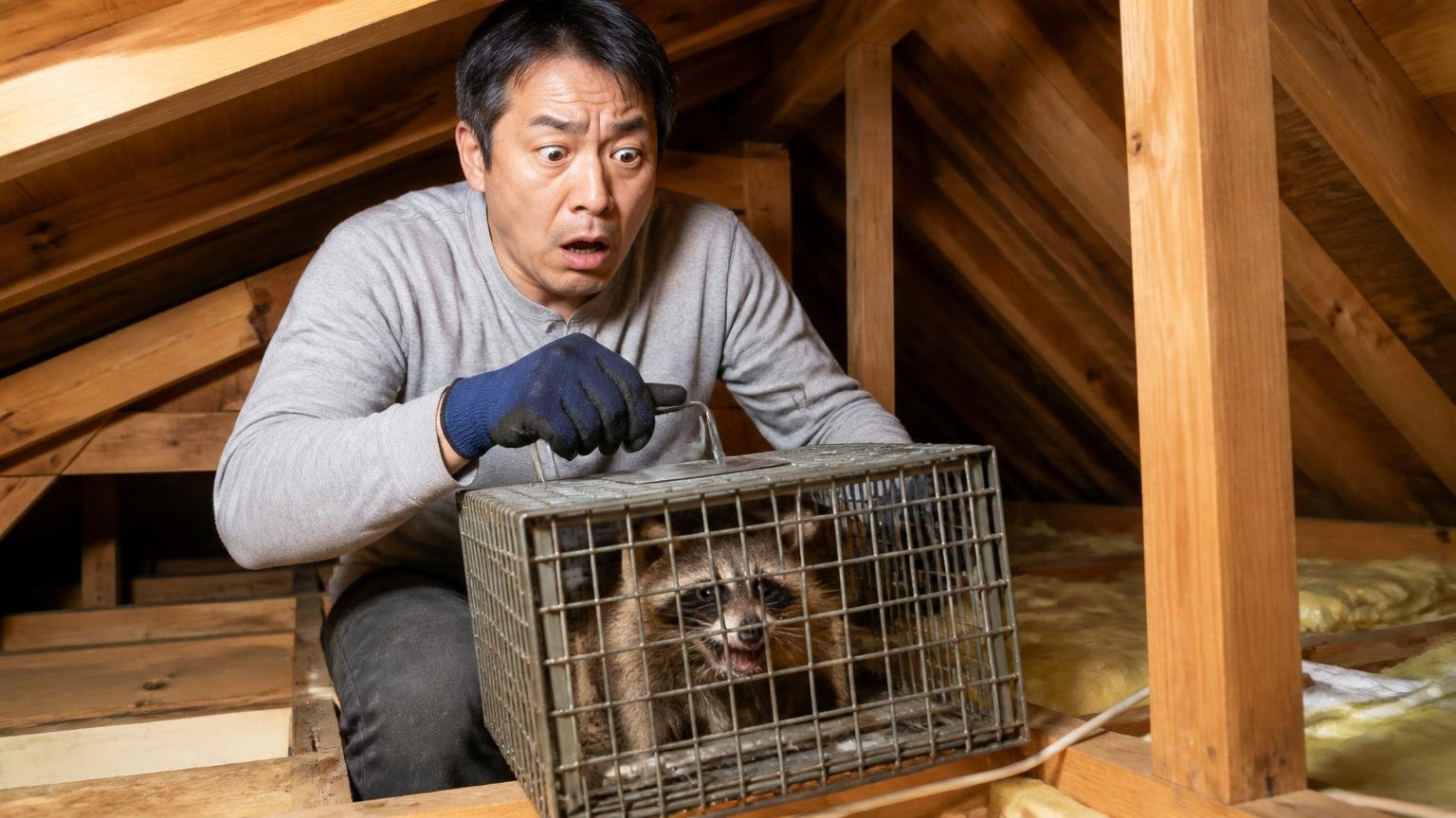 野生鳥獣は許可なく捕獲できない。木造戸建ての屋根裏で捕獲かごを手にした男性が驚いて動きを止める