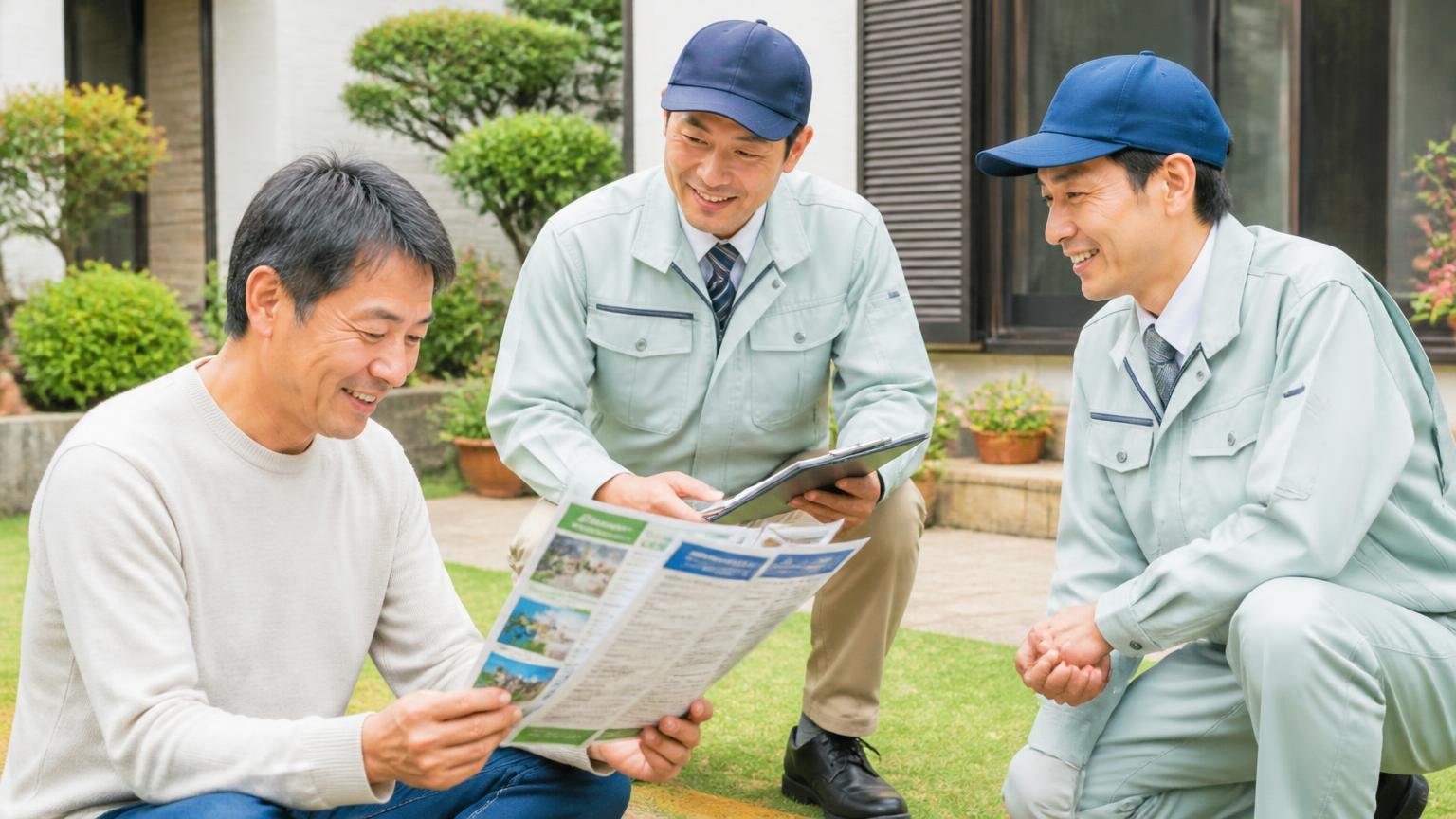 無料の現地調査と相見積もりから始めるモグラ対策|庭先で複数の業者資料を見比べる住人1人が安心した表情