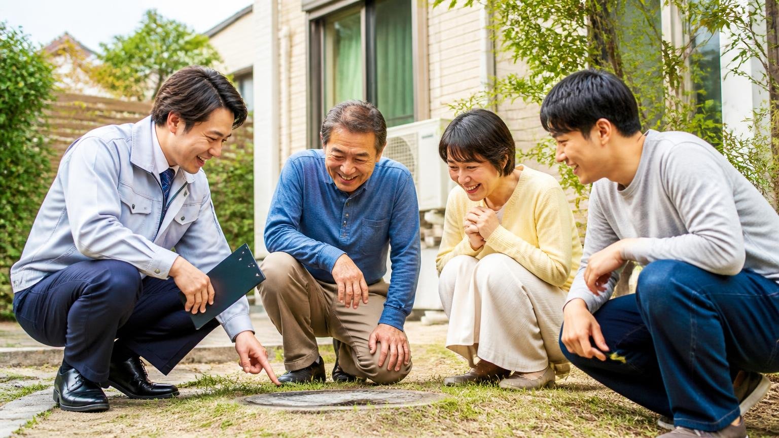 まずは無料で「何が来ているのか」を確かめよう 戸建ての庭先で担当者と住人3人が地面を見ながら笑顔で話す