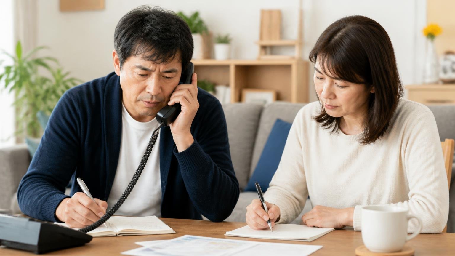 自治体への相談 自宅のリビングで夫婦2人が電話をかけながらメモを取る