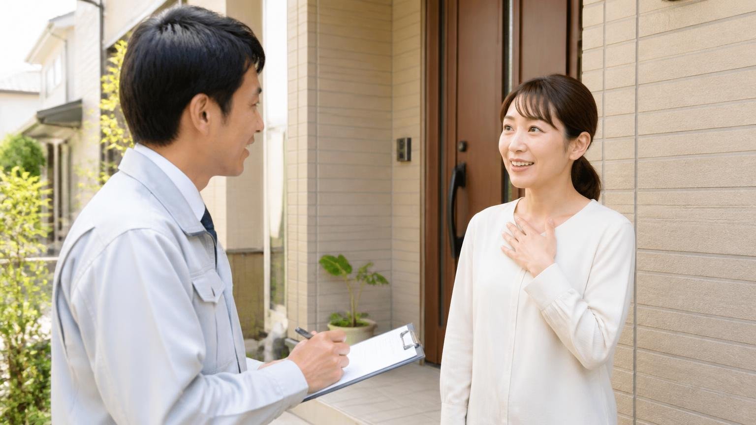 無料の現地調査を受ける場面 木造戸建ての玄関前で作業員と住人が話す 30代女性が安心した表情