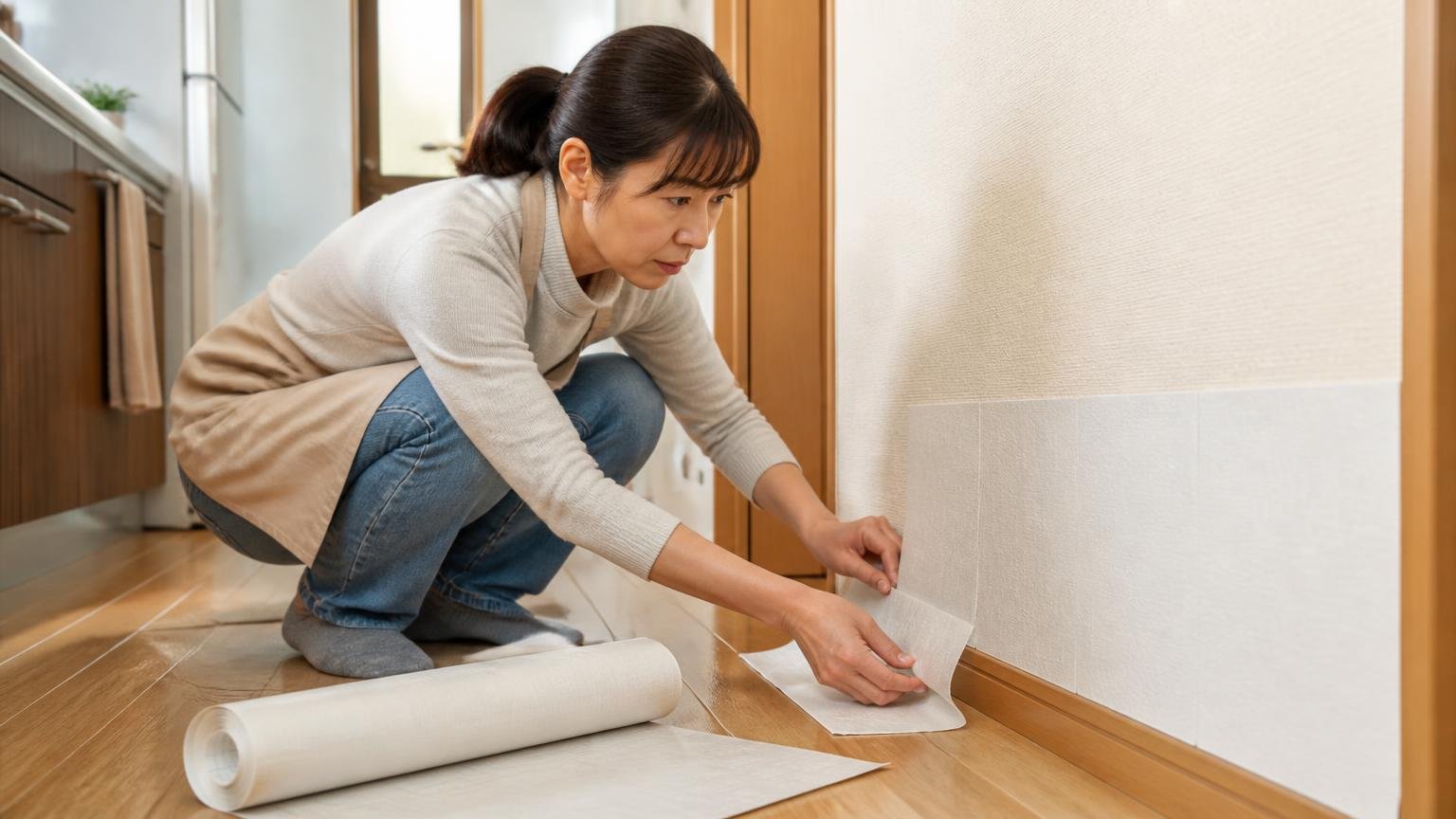 粘着シートを併用する/木造戸建ての台所と廊下の壁際で40代女性1人がしゃがんで粘着シートを並べ真剣な表情で見つめる