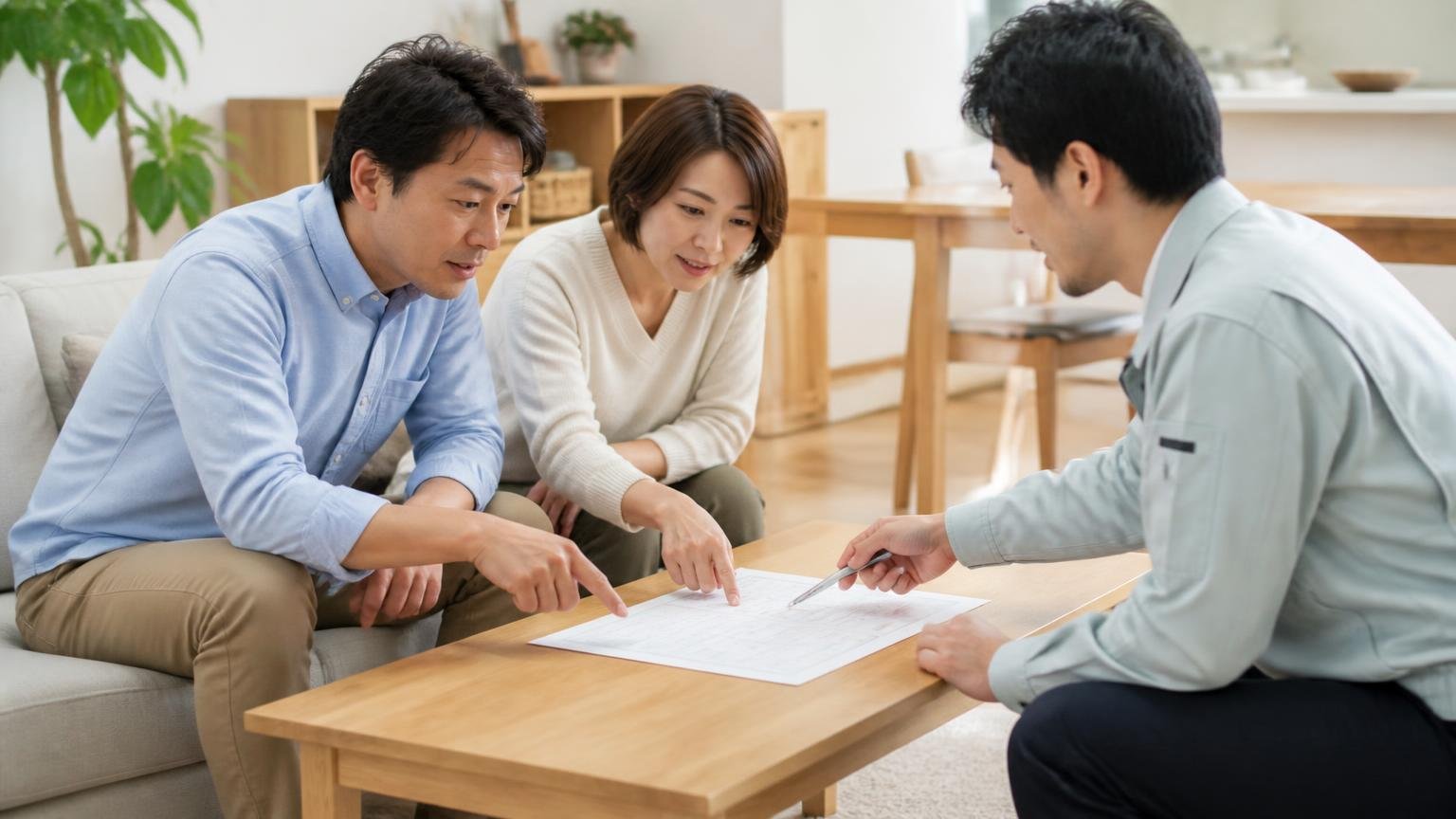 見積書で必ず確認したい4つの項目。リビングで作業員と打ち合わせする夫婦2人が見積書を指さしている