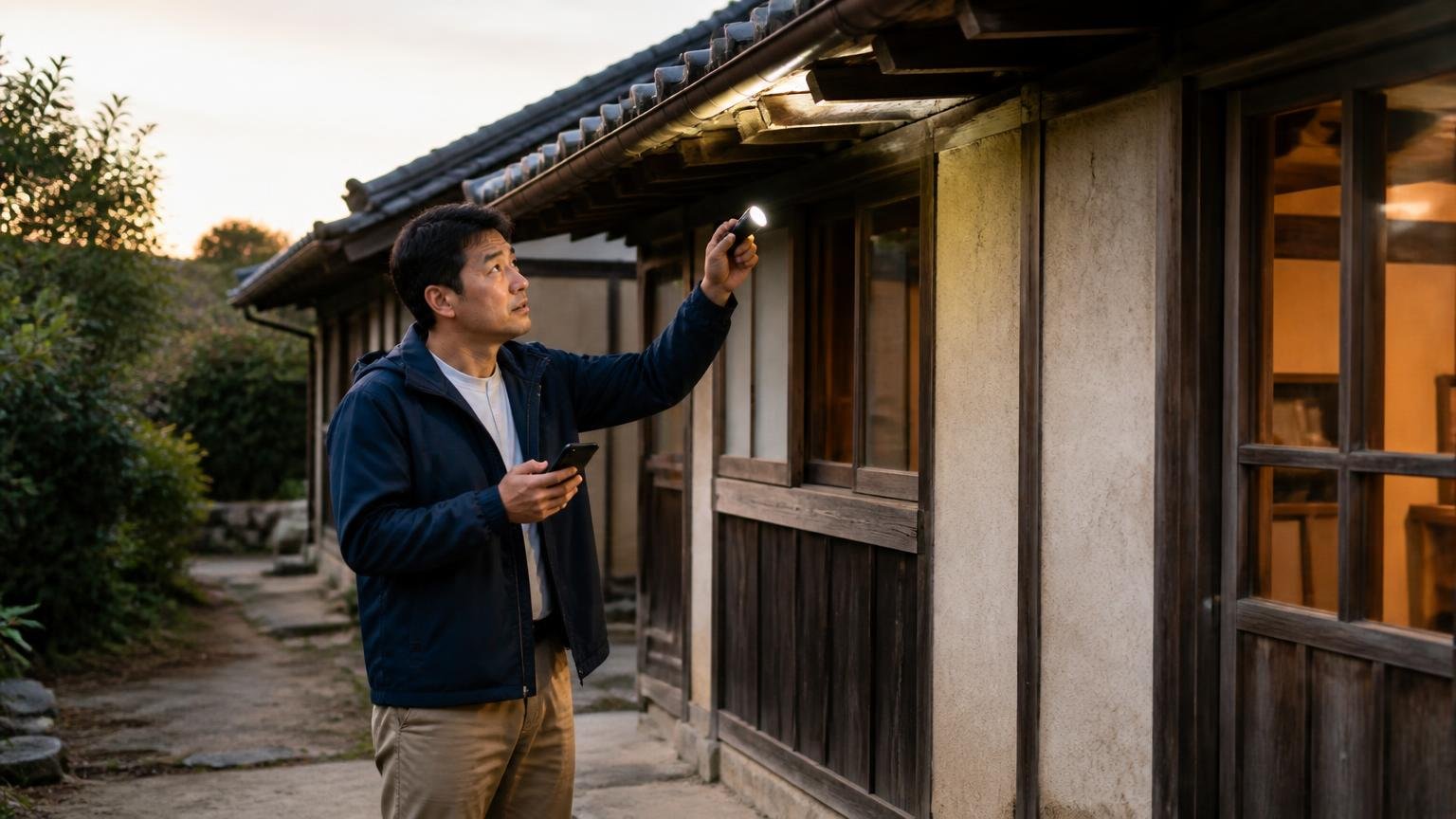 今日からできる3ステップ。古民家の外周を懐中電灯とスマホを持った男性1人が点検して回る夕方の場面
