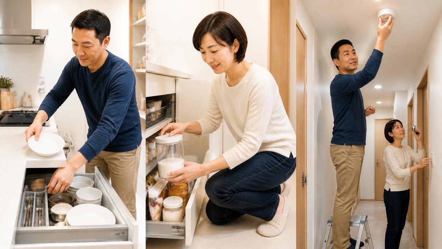 今日からできる3ステップ、住宅の台所と廊下で家族2人が順番に片づけと点検を進めて動き回る