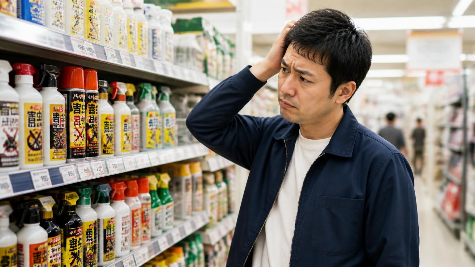 市販グッズの有効な場面と限界。ホームセンターの売場で忌避剤の棚を前に悩む30代男性が頭をかく