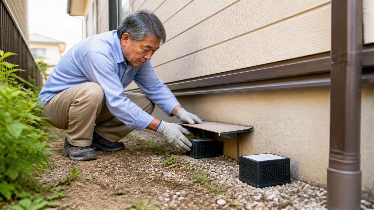 買った忌避一番を活かす置き方|戸建ての軒下と基礎まわりで60代男性が雨よけをしながら固形剤を設置する