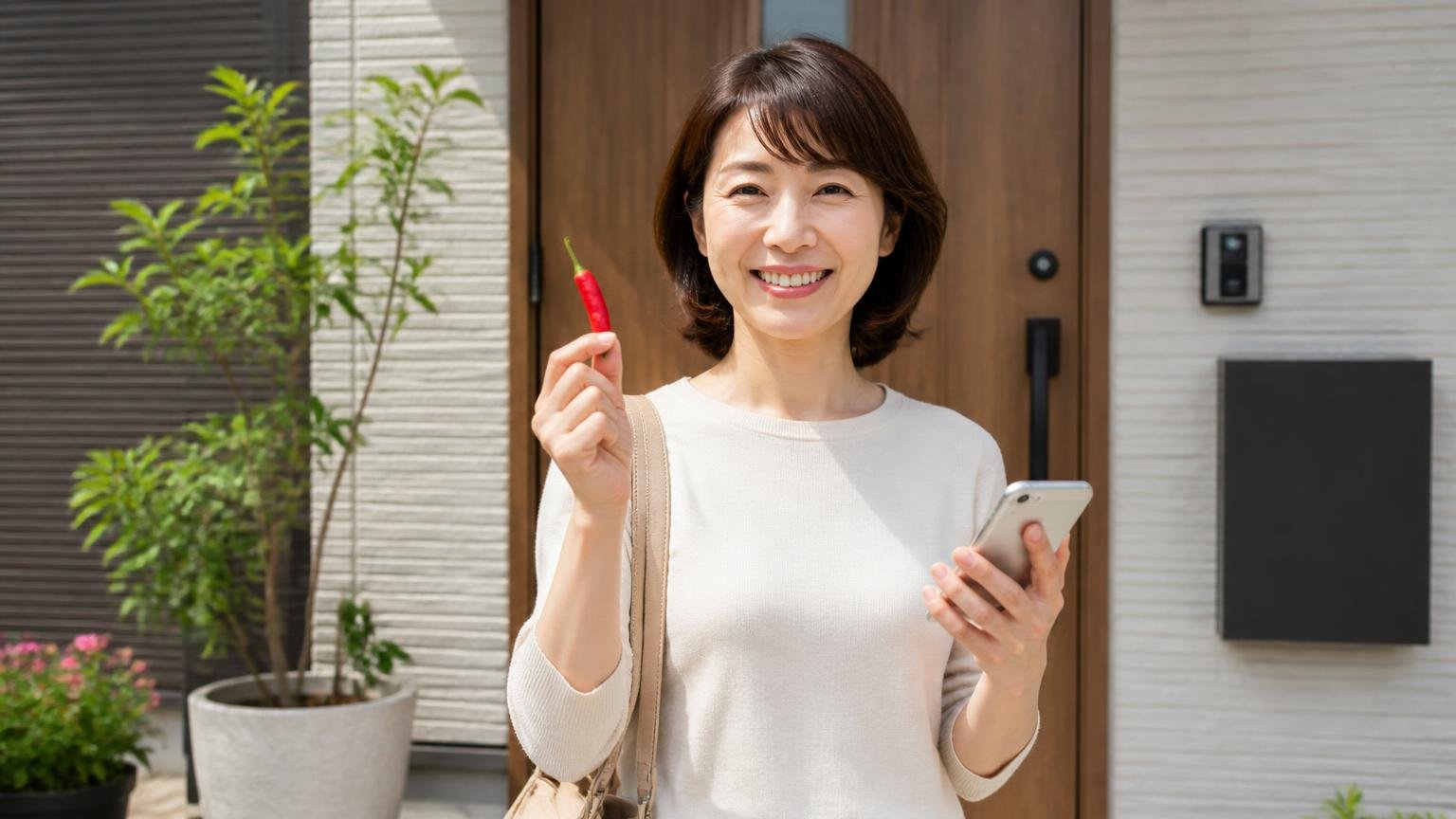 唐辛子を試しながら同時にやっておきたいこと、玄関前で女性1人がスマホを手に前向きな表情