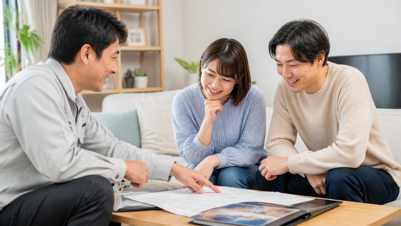現地調査も見積もりも無料。リビングで作業員と資料を見ながら打ち合わせる30代夫婦が笑顔で相談する