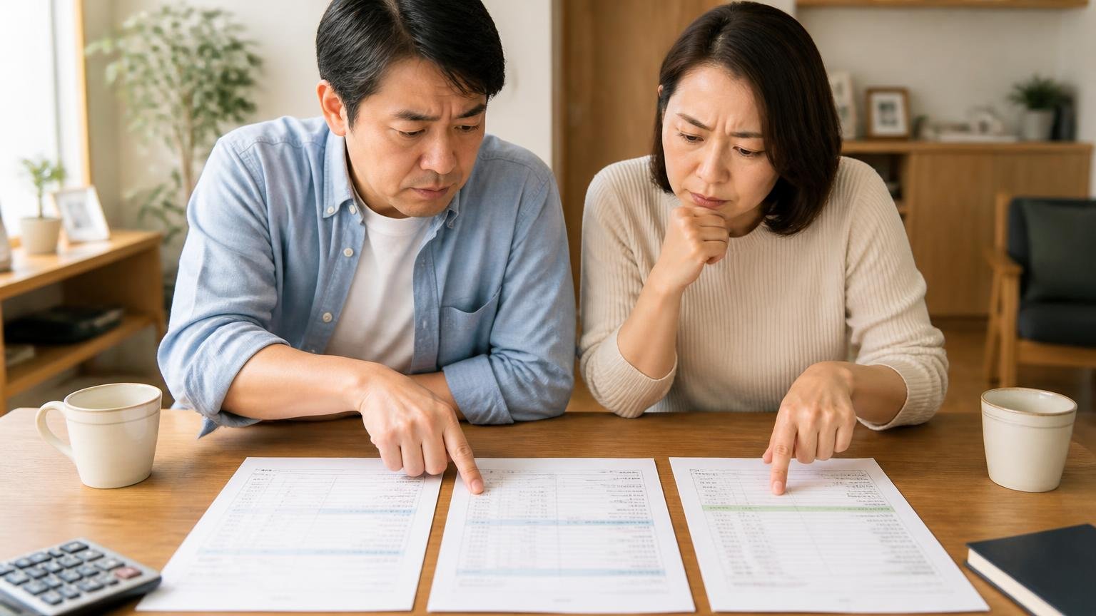 1社で決めないことが解決策 住宅のダイニングで3社の見積書を並べて比べる40代夫婦が真剣に指をさす