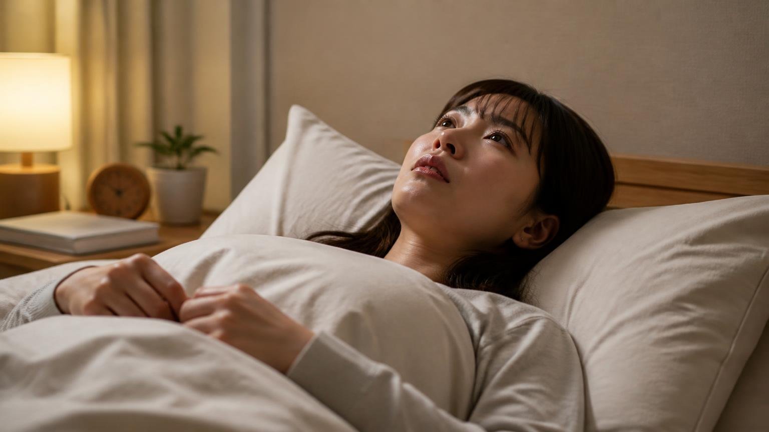 評判を調べる目的は良し悪しを決めることではない。夜の寝室で静かな天井を見上げ息をつく30代女性1人