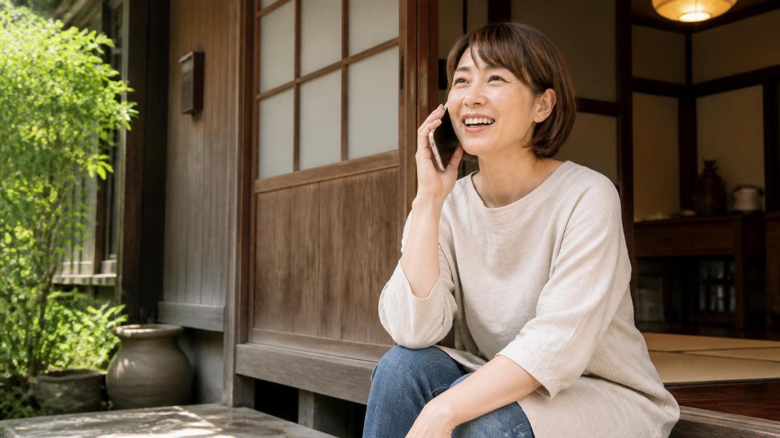 相見積もりの1社目に入れておきたい無料相談できる窓口。古民家の玄関でスマホを手にした女性1人が明るい表情で連絡する