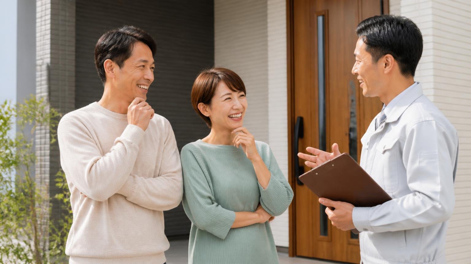 まず知るだけなら費用はかからない、住宅の玄関前で住人2人が作業員1人に笑顔で相談している