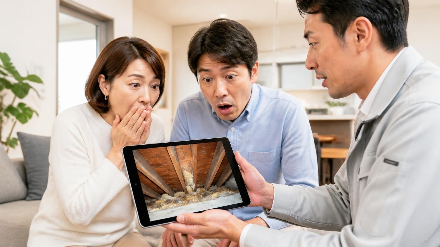 天井裏の写真1枚で判断がつく リビングで作業員がタブレットの天井裏写真を見せ説明を聞く40代夫婦が驚く