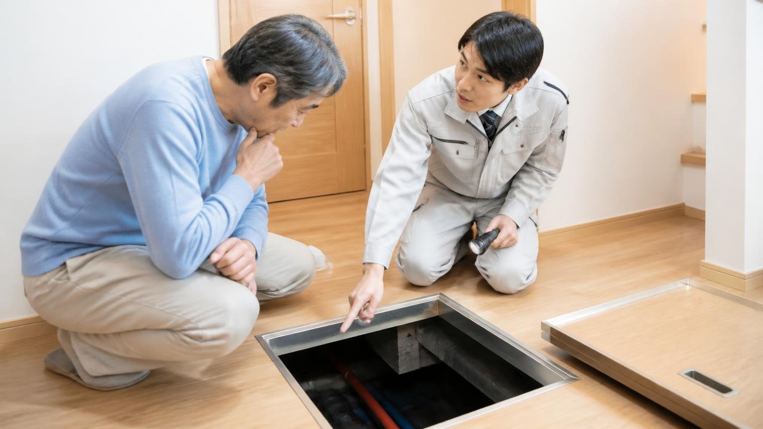 無料の現地調査で相手と侵入口を特定してもらう/住宅の床下点検口の前で作業員と住人の2人が話し合う