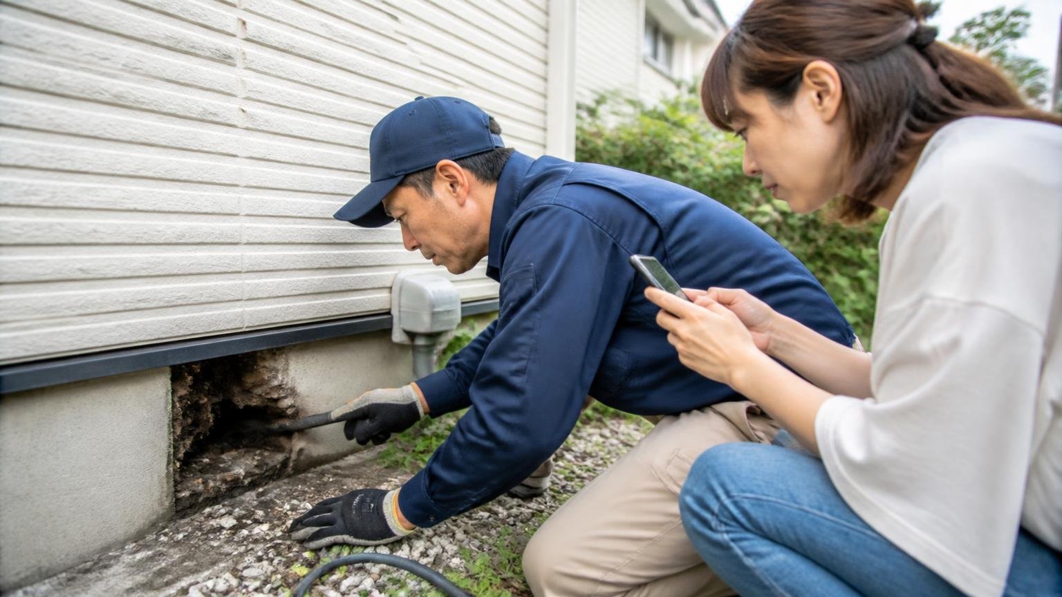 毒餌では塞げない穴を無料の現地調査で見てもらう。家の外壁まわりで作業員が点検し住人がスマホで記録している